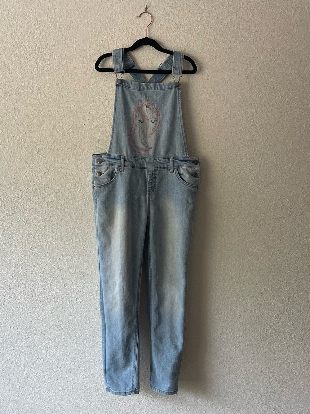 Cat & Jack Girls Unicorn Denim Overalls Light Wash Adjustable Bib Size L 10/12
